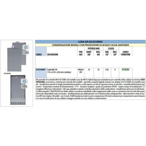 Caldaia Baxi Luna Air 24 a condensazione da esterno o incasso con kit fumi coassiale  A7736261