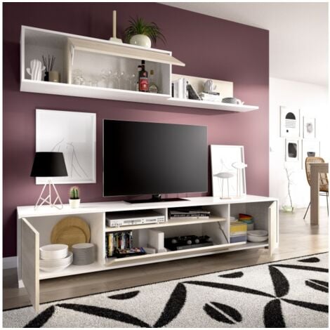 Parete attrezzata porta tv 200 cm bianco lucido e rovere naturale - Marsiglia