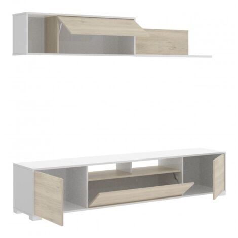 Parete attrezzata porta tv 200 cm bianco lucido e rovere naturale - Marsiglia
