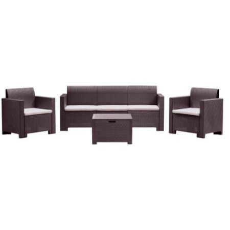Bica set salotto Nebraska 3 da giardino in resina marrone effetto polirattan composto da divano due poltrone con cuscini e un tavolino da esterno e interno