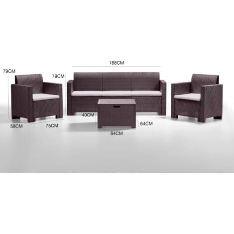 Bica set salotto Nebraska 3 da giardino in resina marrone effetto polirattan composto da divano due poltrone con cuscini e un tavolino da esterno e interno