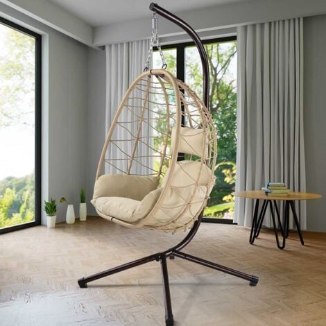 Poltrona Sospesa Giardino Sedia Dondolo Amaca a pendolo Rattan e Metallo Beige