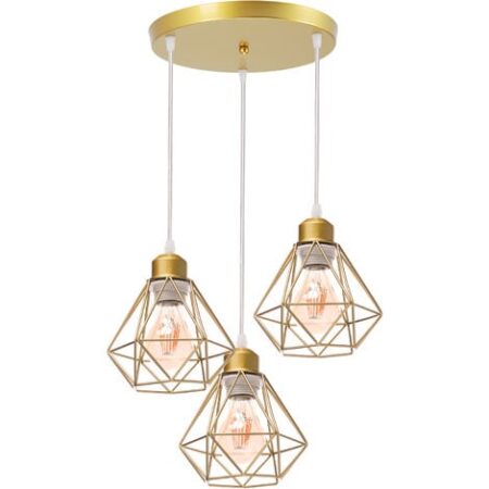 Lampada a Sospensione Retrò Metallo Diamanti Risparmio Energetico Lampadario Industriale Vintage E27 Cucina Soggiorno Sala da Pranzo Barra 3 Luci (D'oro Rosa)