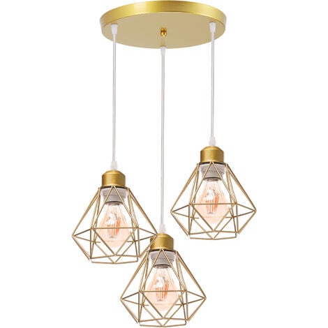 Lampada a Sospensione Retrò Metallo Diamanti Risparmio Energetico Lampadario Industriale Vintage E27 Cucina Soggiorno Sala da Pranzo Barra 3 Luci (D'oro Rosa)
