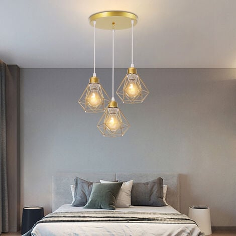 Lampada a Sospensione Retrò Metallo Diamanti Risparmio Energetico Lampadario Industriale Vintage E27 Cucina Soggiorno Sala da Pranzo Barra 3 Luci (D'oro Rosa)