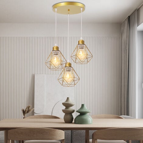 Lampada a Sospensione Retrò Metallo Diamanti Risparmio Energetico Lampadario Industriale Vintage E27 Cucina Soggiorno Sala da Pranzo Barra 3 Luci (D'oro Rosa)