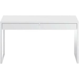 Scrivania, Scrittoio multifunzione reversibile da ufficio, Tavolo da studio porta PC con 2 cassetti, cm 138x50h75, Bianco lucido