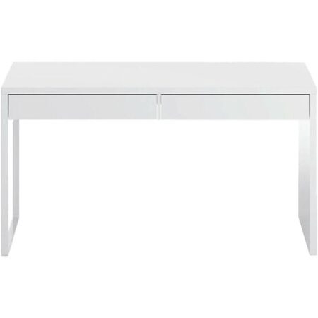 Scrivania, Scrittoio multifunzione reversibile da ufficio, Tavolo da studio porta PC con 2 cassetti, cm 138x50h75, Bianco lucido