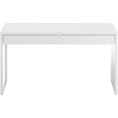 Scrivania, Scrittoio multifunzione reversibile da ufficio, Tavolo da studio porta PC con 2 cassetti, cm 138x50h75, Bianco lucido