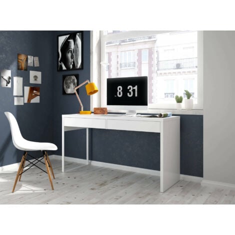Scrivania, Scrittoio multifunzione reversibile da ufficio, Tavolo da studio porta PC con 2 cassetti, cm 138x50h75, Bianco lucido