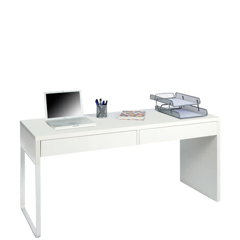 Scrivania, Scrittoio multifunzione reversibile da ufficio, Tavolo da studio porta PC con 2 cassetti, cm 138x50h75, Bianco lucido
