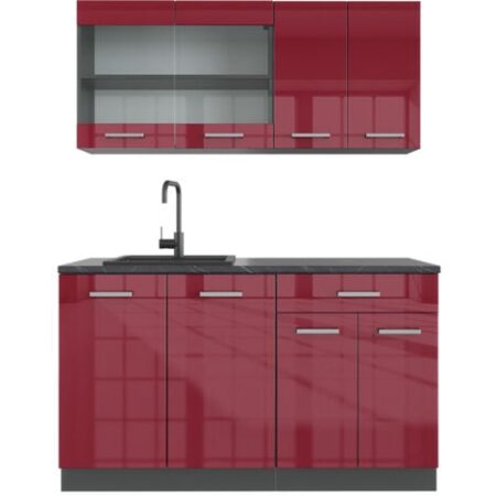 Cucina completa R-Line, Bordeaux lucido/antracite, 140 cm senza piano di lavoro, Vicco
