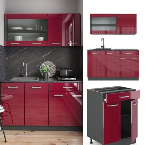 Cucina completa R-Line, Bordeaux lucido/antracite, 140 cm senza piano di lavoro, Vicco