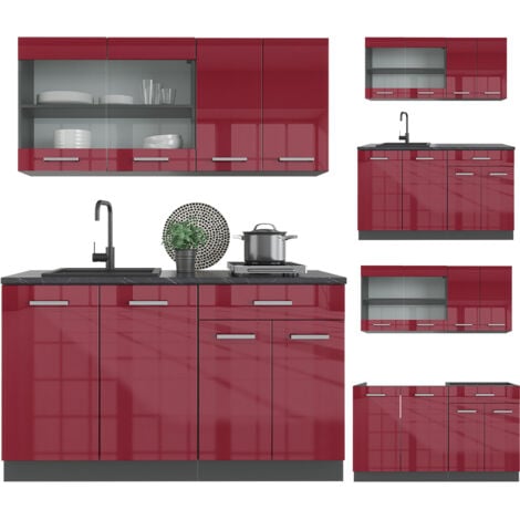 Cucina completa R-Line, Bordeaux lucido/antracite, 140 cm senza piano di lavoro, Vicco