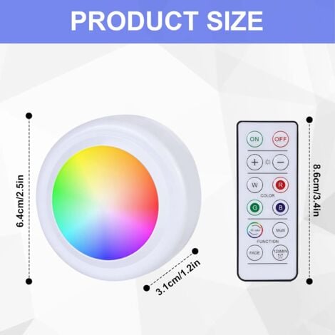 Faretto LED RGB a batteria con telecomando, 16 cambi di colore Luce per armadio dimmerabile Illuminazione per vetrina Illuminazione a LED wireless Lampada touch e funzione di memoria della batteria