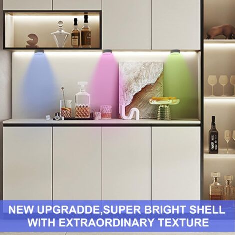 Faretto LED RGB a batteria con telecomando, 16 cambi di colore Luce per armadio dimmerabile Illuminazione per vetrina Illuminazione a LED wireless Lampada touch e funzione di memoria della batteria