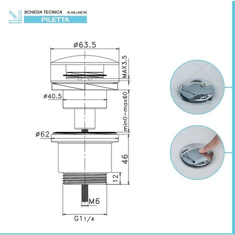 Sifone lavabo a canna tonda cromato completo di piletta click clack universale