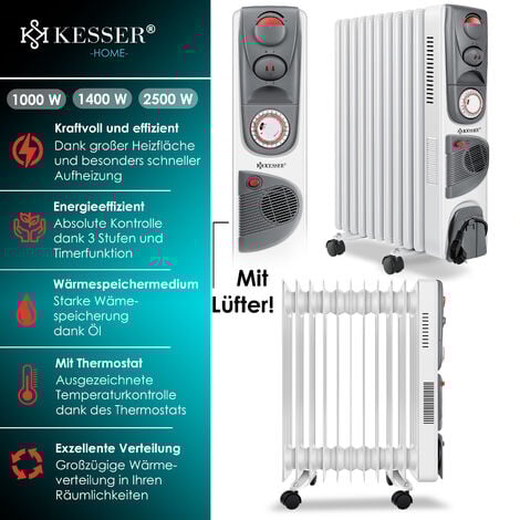 KESSER® Radiatore a olio - riscaldatore elettrico 2500W radiatore a olio riscaldatore elettrico timer mobile ventilatore spegnimento automatico controllo continuo della temperatura protezione contro i