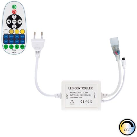 Controller Striscia LED CCT 220V AC 220 LED/m IP67 Larga 15mm Taglio 100 cm con Telecomando IR 23 Pulsanti Bianco