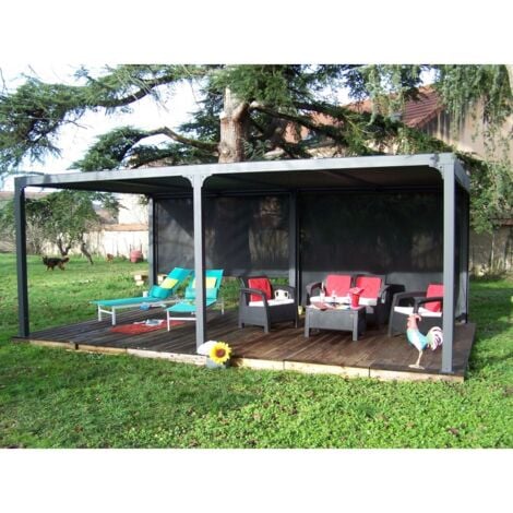 Pergola Bioclimatica 360X600cm in Alluminio XXL, con 2 Tende Colore Grigio Antracite su Lato 6,0m, a Movimento Manuale