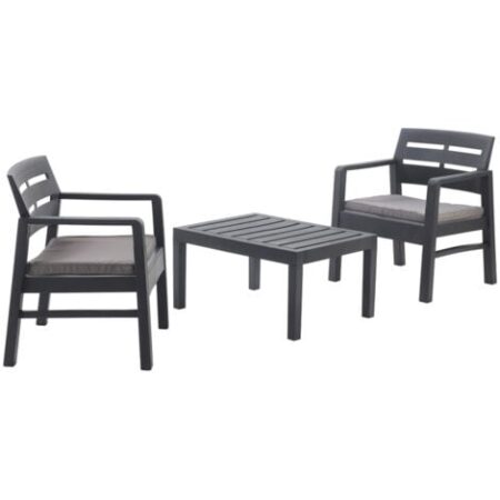 Dmora - Set salotto da esterno Alfio, Composizione da giardino con 2 poltrone e 1 tavolino, Salottino indoor e outdoor con cuscini, 100% Made in Italy, Antracite