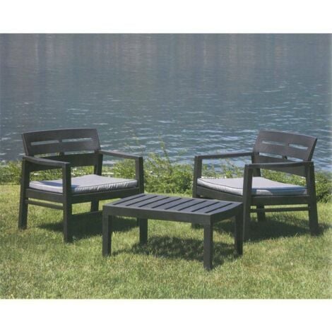 Dmora - Set salotto da esterno Alfio, Composizione da giardino con 2 poltrone e 1 tavolino, Salottino indoor e outdoor con cuscini, 100% Made in Italy, Antracite