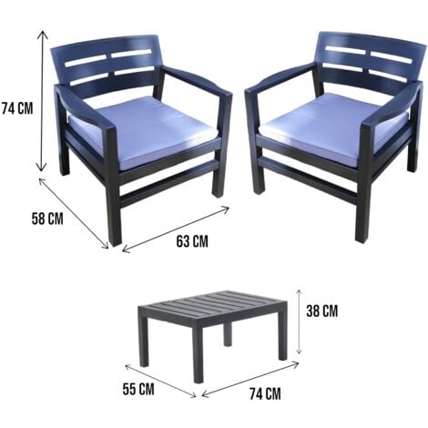 Dmora - Set salotto da esterno Alfio, Composizione da giardino con 2 poltrone e 1 tavolino, Salottino indoor e outdoor con cuscini, 100% Made in Italy, Antracite