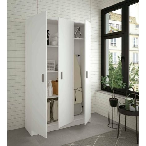 Dmora - Armadio multiuso grande Ranuncolo, Guardaroba ausiliario a 3 ante, Scarpiera con ripiani, Mobile porta scope, 109x37h180 cm, Bianco