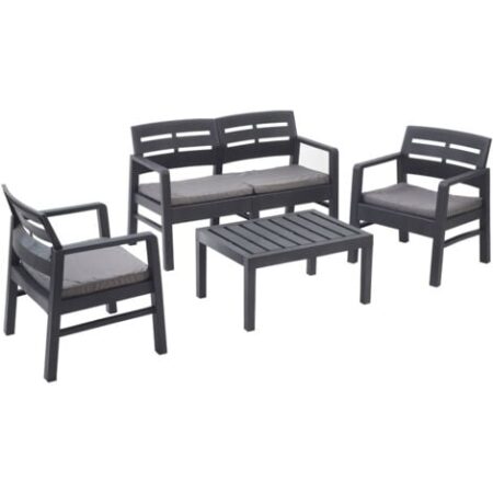 Dmora - Set salotto da esterno Arti, Composizione da giardino con 2 poltrone, 1 divano ed 1 tavolino, Salottino indoor e outdoor con cuscini, 100% Made in Italy, Antracite