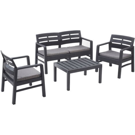 Dmora - Set salotto da esterno Arti, Composizione da giardino con 2 poltrone, 1 divano ed 1 tavolino, Salottino indoor e outdoor con cuscini, 100% Made in Italy, Antracite