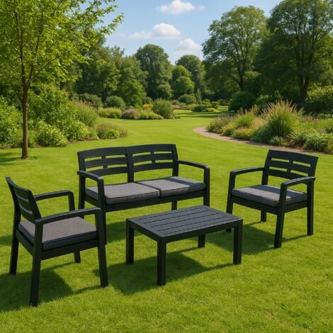 Dmora - Set salotto da esterno Arti, Composizione da giardino con 2 poltrone, 1 divano ed 1 tavolino, Salottino indoor e outdoor con cuscini, 100% Made in Italy, Antracite