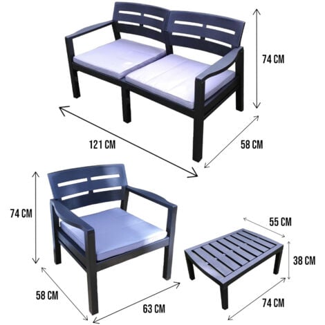 Dmora - Set salotto da esterno Arti, Composizione da giardino con 2 poltrone, 1 divano ed 1 tavolino, Salottino indoor e outdoor con cuscini, 100% Made in Italy, Antracite