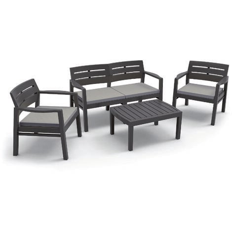 Dmora - Set salotto da esterno Arti, Composizione da giardino con 2 poltrone, 1 divano ed 1 tavolino, Salottino indoor e outdoor con cuscini, 100% Made in Italy, Antracite