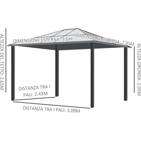 Outsunny Gazebo da Giardino 3x3.6m con Zanzariera e Tetto in Policarbonato