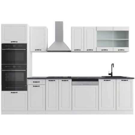 Cucina componibile R-Line, Casa di campagna bianca/bianco, 300 cm con armadio alto, senza piano di lavoro, Vicco
