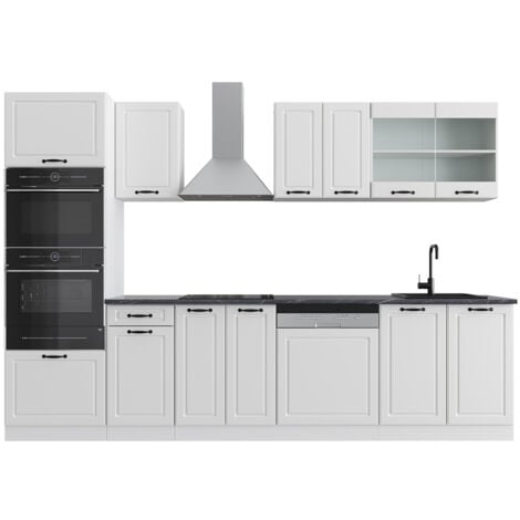 Cucina componibile R-Line, Casa di campagna bianca/bianco, 300 cm con armadio alto, senza piano di lavoro, Vicco