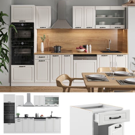 Cucina componibile R-Line, Casa di campagna bianca/bianco, 300 cm con armadio alto, senza piano di lavoro, Vicco