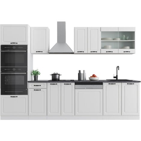 Cucina componibile R-Line, Casa di campagna bianca/bianco, 300 cm con armadio alto, senza piano di lavoro, Vicco