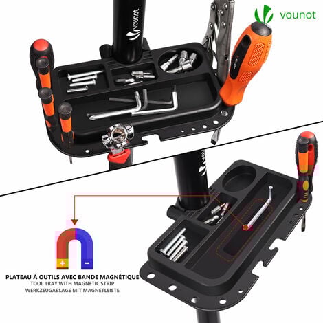 VOUNOT Cavalletto Bici Pieghevole con Vaschetta Porta Attrezzi, Stand Supporto Riparazione Bicicletta, Altezza Regolabile Girevole 360°