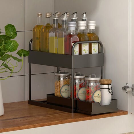 Scaffale portaoggetti sotto lavello a 2 livelli con cassetto scorrevole  per cucina e bagno-scaffale portaspezie nero