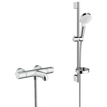 Hansgrohe Ecostat 1001 CL, set miscelatore termostatico vasca/doccia + set doccia Crometta Vario con portasapone (13201000-Crometta2)