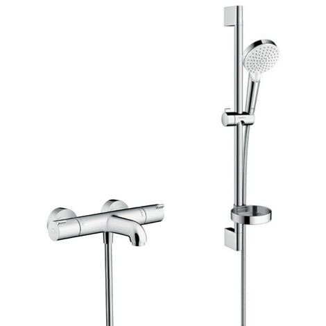 Hansgrohe Ecostat 1001 CL, set miscelatore termostatico vasca/doccia + set doccia Crometta Vario con portasapone (13201000-Crometta2)
