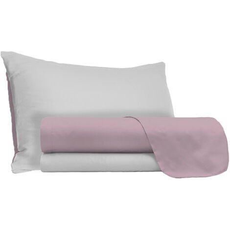 Set Lenzuola 1 Piazza e Mezzo Sopra Sotto e Federe Doubleface Rosa Antico/Grigio Chiaro
