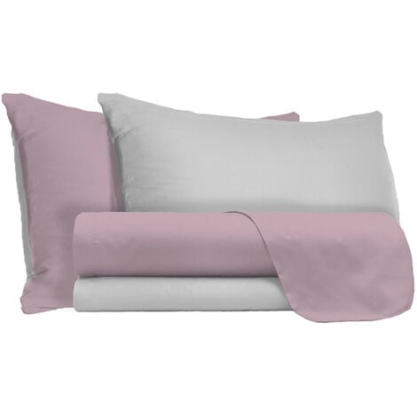 Set Lenzuola 1 Piazza e Mezzo Sopra Sotto e Federe Doubleface Rosa Antico/Grigio Chiaro