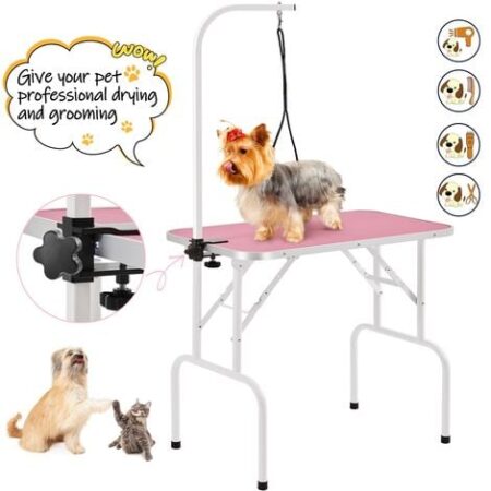 Yaheetech Tavolo da Toelettatura Cani Tosatura per Cani Gatti Animali Pieghevole con Laccio Portata 100 kg Rosa