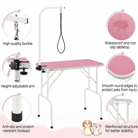 Yaheetech Tavolo da Toelettatura Cani Tosatura per Cani Gatti Animali Pieghevole con Laccio Portata 100 kg Rosa