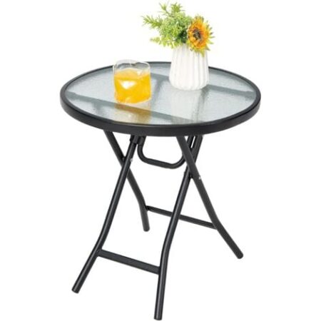 COSTWAY Tavolo Rotondo da Giardino, Tavolino Pieghevole e Portatile con Telaio Antiruggine con Superficie in Vetro, Tavolo da Esterno per Cortile, Giardino e Balcone, 46 x 47,5 cm