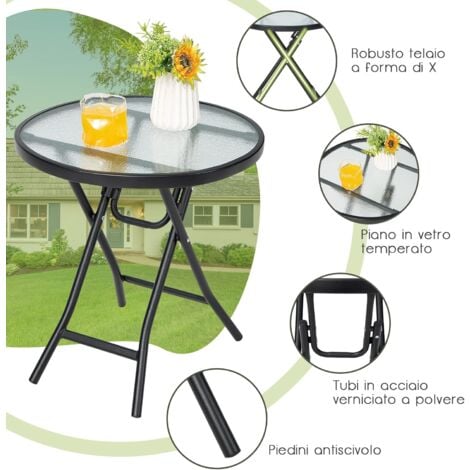 COSTWAY Tavolo Rotondo da Giardino, Tavolino Pieghevole e Portatile con Telaio Antiruggine con Superficie in Vetro, Tavolo da Esterno per Cortile, Giardino e Balcone, 46 x 47,5 cm