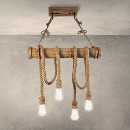MAKA - Lampadario vintage in corda di bambù e canapa, 4 teste E27 da soffitto. Ideale per arredamento rustico o retrò, illuminazione potente e materiali ecologici