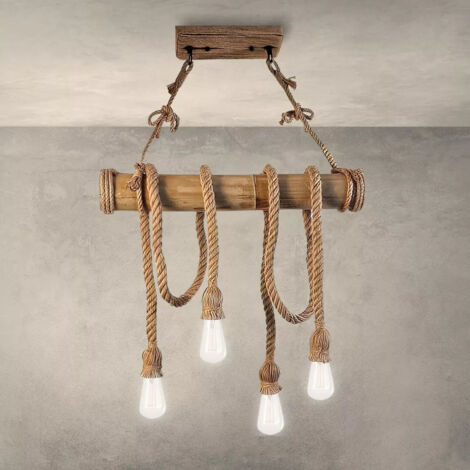 MAKA - Lampadario vintage in corda di bambù e canapa, 4 teste E27 da soffitto. Ideale per arredamento rustico o retrò, illuminazione potente e materiali ecologici
